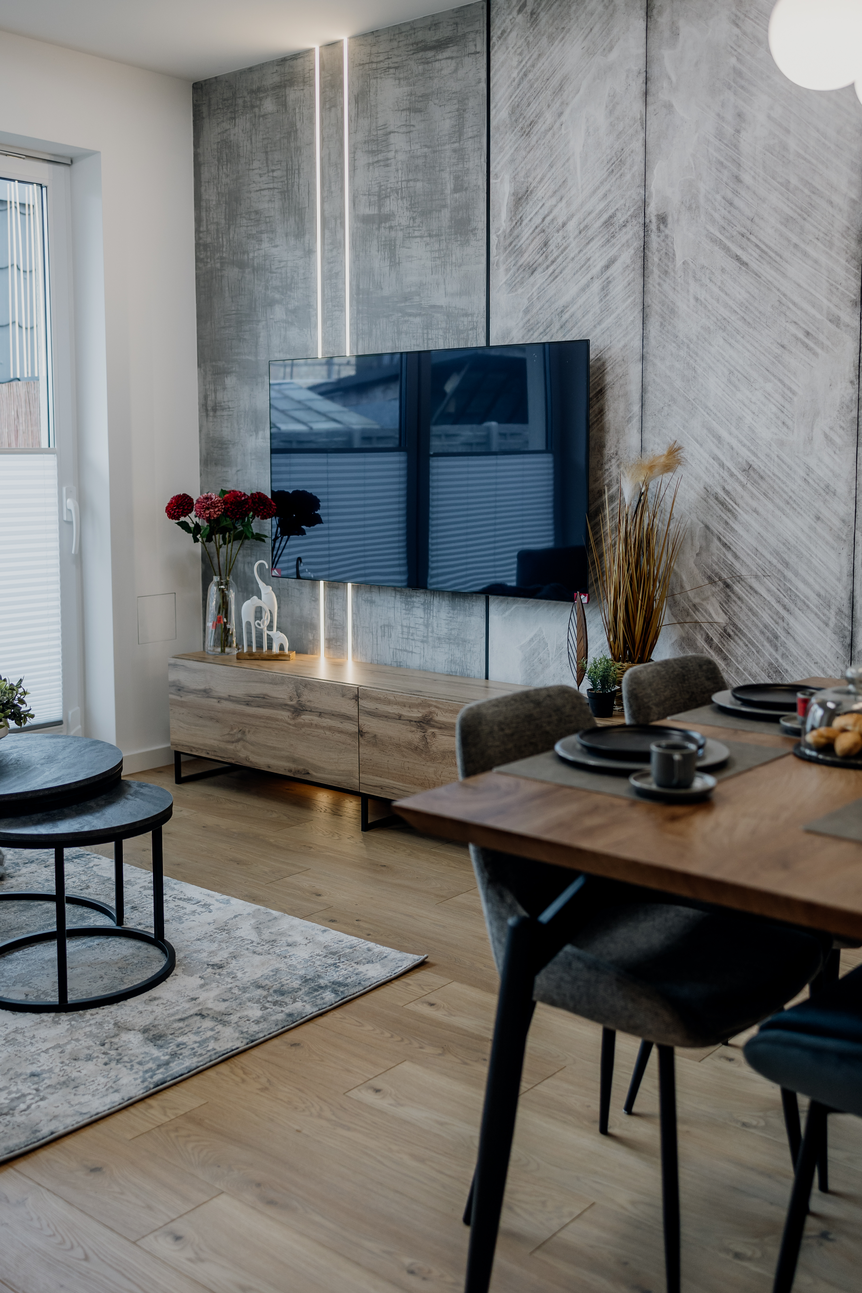 Black floor lamp on living room sofa