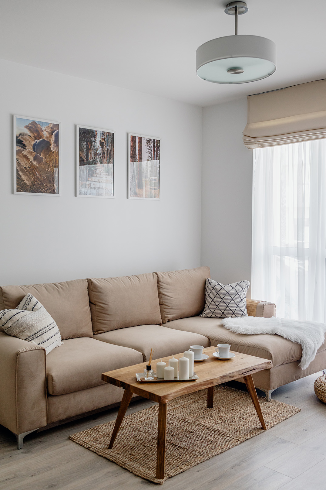 Black floor lamp on living room sofa